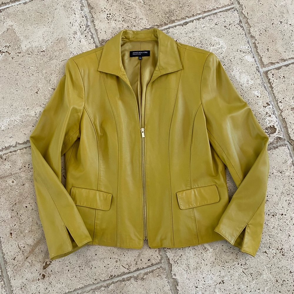 Jones New York Olive Green Leather Zip-Front Jacket